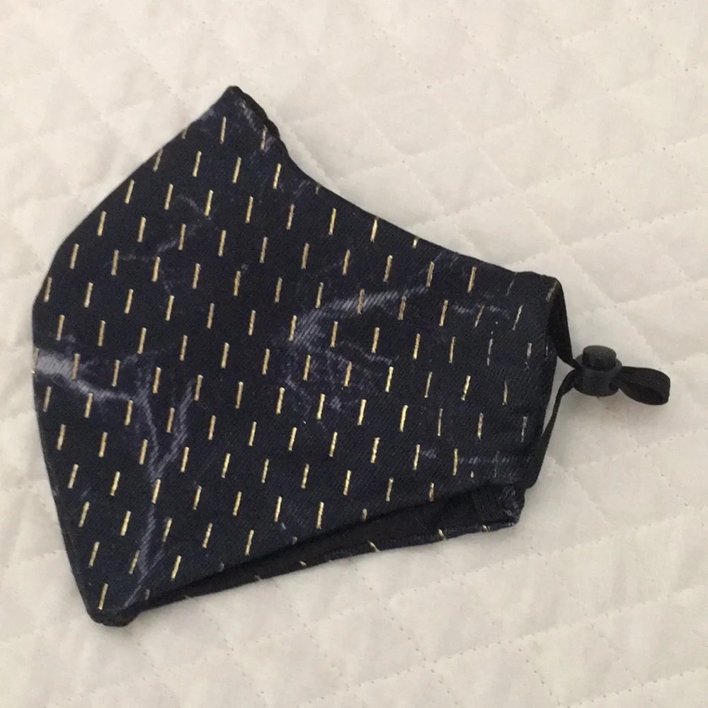 Handmade Navy Face Mask with Gold Dash Pattern larger mask NEW